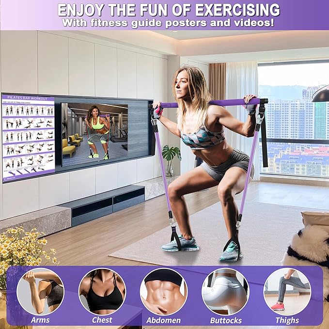 Goocrun Portable Pilates Bar Kit with Resistance Bands for Men and Women - 3 Set Exercise Resistance Bands - Multifunctional Home Gym - Supports Full-Body Workouts – with Fitness Poster and Video