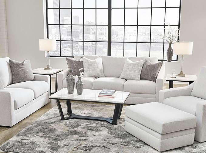 Signature Design by Ashley Maitelynn Contemporary Loveseat with Accent Pillows, Reversible Cushions and Sloped Arms, Light Gray