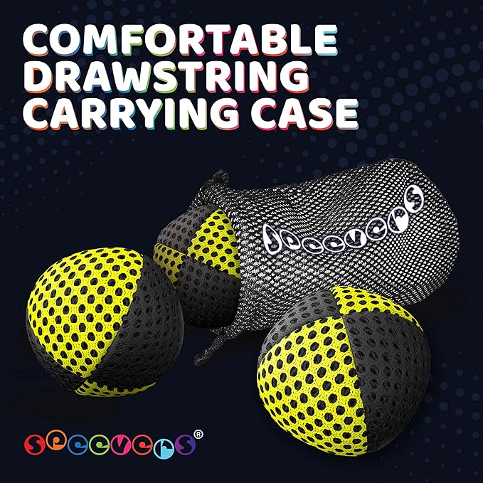speevers Juggling Balls for Beginners and Professionals Set of 3, 14 Colors Available, 2 Layers of Net and Carry Case, Xballs Juggling Balls (Black - Yellow, 3.9 oz)