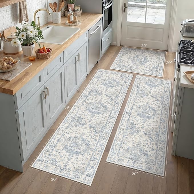 Neutral Kitchen Rug Set of 3 Washable Blue Vintage Kitchen Mats