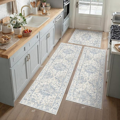 Neutral Kitchen Rug Set of 3 Washable Blue Vintage Kitchen Mats