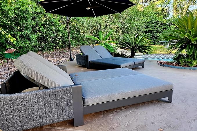 PURPLE LEAF Outdoor 2-Person Chaise Lounge with Cushions Patio Sun Chair Adjustable Backrest Reclining Chair for Poolside Moon Basalt