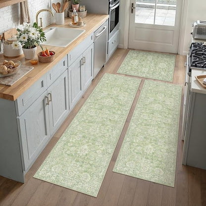 Neutral Kitchen Rug Set of 3 Washable Green Floral Kitchen Mats