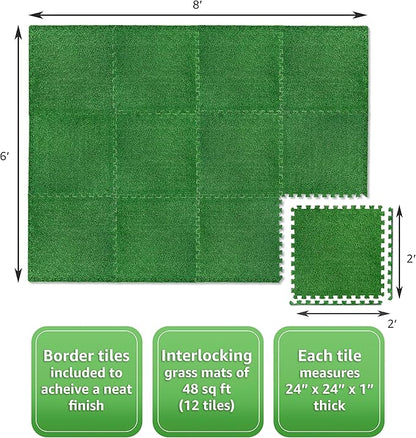 Sorbus Grass Foam Floor Tiles - 12 Interlocking Mats of 24"X24” Total of 48 Sq Ft for Kids Outdoor Toys, Playroom, Deck, Patio, Basement Home Gym - Artificial Carpet Grass Turf Indoor Outdoor Flooring