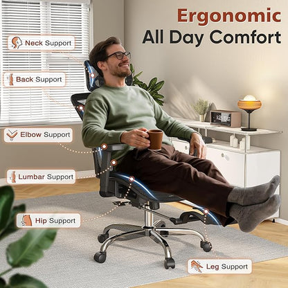 Ergonomic Office Chair with Foot Rest, Home Mesh Desk Chair with Adjustable Lumbar Support, 3D Armrest, 3D Headrest, 90°-135° Lockable Reclining Function, Comfy High Back Swivel Computer Gaming Chairs