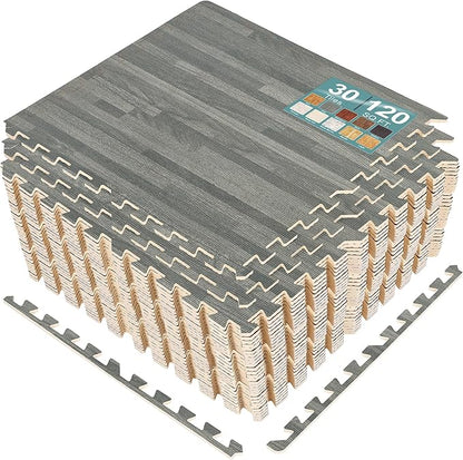 Sorbus 120 Sq. Ft. Wood Grain Floor Tiles Foam Mat EVA Interlocking Mats Tile 3/8-Inch Thick Flooring Wood Puzzle Exercise Mats w/Borders - Home Playroom Basement, Apartment, Trade Show, Baby, Dance