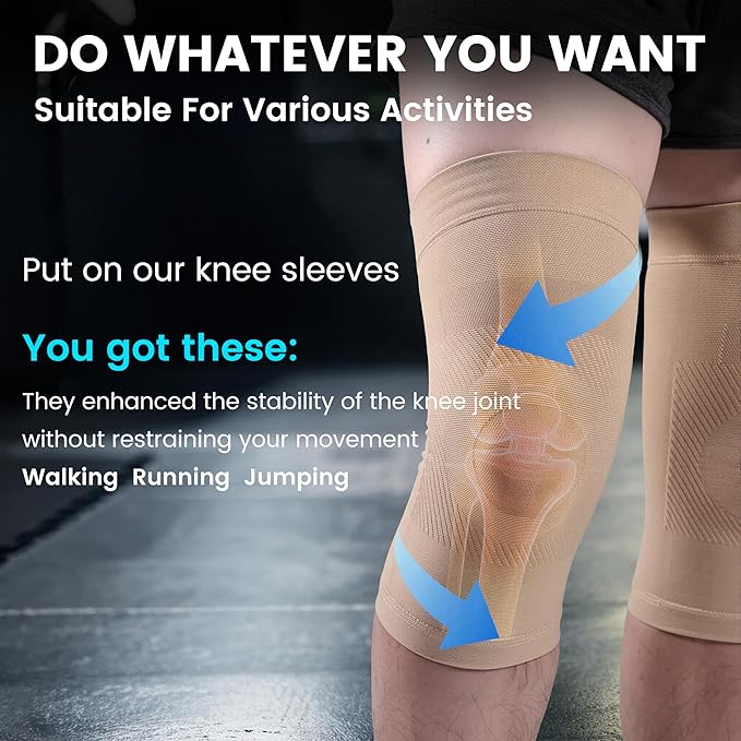 Knee Compression Sleeves, 1 Pair, Can Be Worn Under Pants, 20-30mmHg Strong Support Knee Brace for Unisex, Knee Support for Meniscus Tear, Arthritis, Pain Relief, Injury Recovery, Daily Wear, Beige M