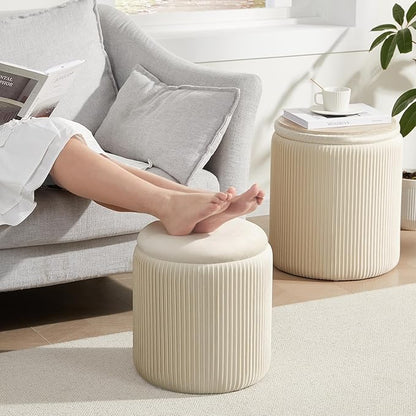 Royal Windsor Round Ottoman with Storage Set of 2,Vanity Stool with Storage for Bedroom, Ottoman Coffee Table,Small Velvet Foot Stool for Living Room, Beige