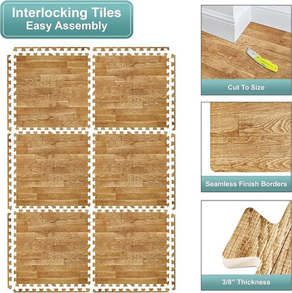 Sorbus 120 Sq. Ft. Wood Grain Floor Tiles Foam Mat EVA Interlocking Mats Tile 3/8-Inch Thick Flooring Wood Puzzle Exercise Mats w/Borders - Home Playroom Basement, Apartment, Trade Show, Baby, Dance