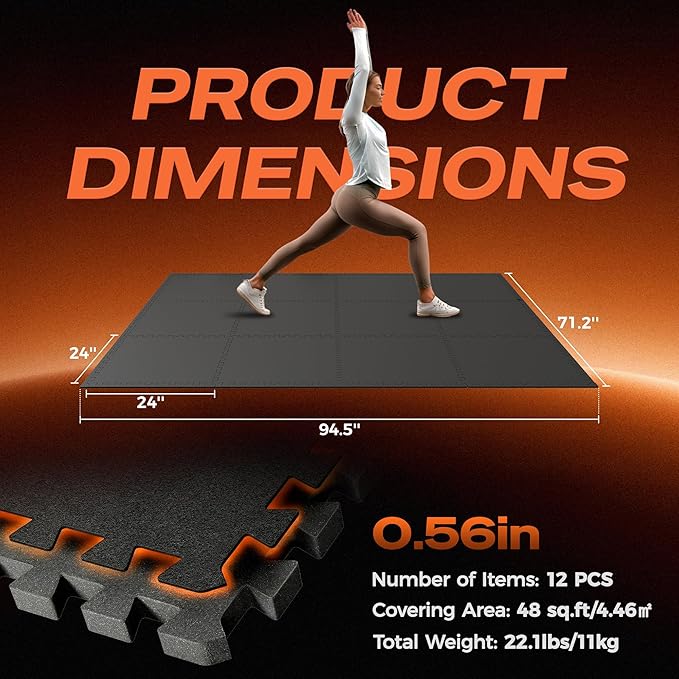 SUPERJARE 0.56'' Thick 12 Pcs 48 Sq Ft Rubber Top Exercise Equipment Mats, High Density EVA Foam Mats with Rubber Top, Interlocking Gym Flooring for Home Gym, Protective Workout Mat, Black