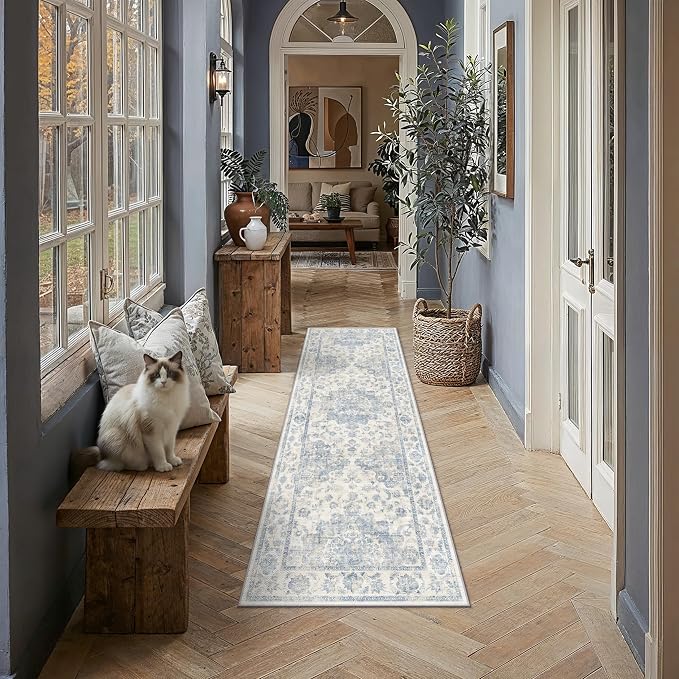 Neutral Kitchen Rug Set of 3 Washable Blue Vintage Kitchen Mats
