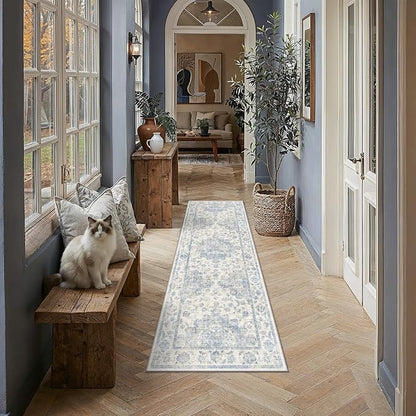 Neutral Kitchen Rug Set of 3 Washable Blue Vintage Kitchen Mats