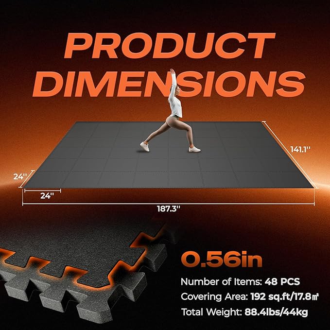 SUPERJARE 0.56'' Thick 48 Pcs 192 Sq Ft Rubber Top Exercise Equipment Mats, High Density EVA Foam Mats with Rubber Top, Interlocking Gym Flooring for Home Gym, Protective Workout Mat, Black