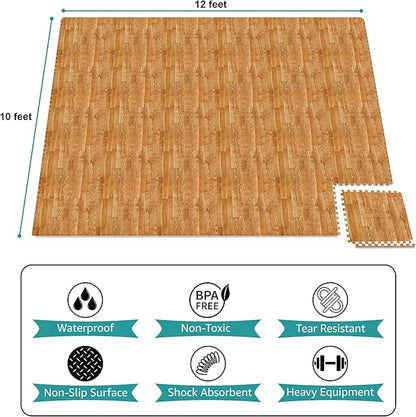 Sorbus 120 Sq. Ft. Wood Grain Floor Tiles Foam Mat EVA Interlocking Mats Tile 3/8-Inch Thick Flooring Wood Puzzle Exercise Mats w/Borders - Home Playroom Basement, Apartment, Trade Show, Baby, Dance