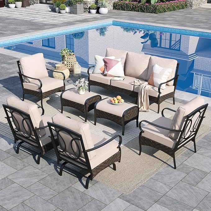 Sophia & William Patio Furniture Set, 7 Piece Metal Outdoor Conversation Set with 3-Seater Outdoor Couch, 4 Sofa Chairs, 2 Ottoman for Outdoor Seating, Backyard, Porch(Beige)