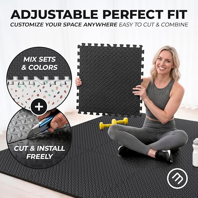 bemaxx Gym Mats Set - 12 pcs EVA Interlocking Foam Floor Tiles (24.4"x24.4"x0.4") 48 sqft Protective Gym Flooring Sports Home Workout Exercise Mats Puzzle Garage Fitness Play-Room Pool Treadmill Bike
