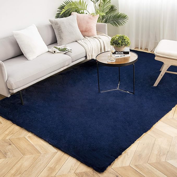 Ashler Faux Fur Rug, Ultra Soft Faux Rabbit Fur, Dark Blue Area Rugs, 5 x 7 Feet Rectangle, Machine Washable Nursery Decor Throw Rugs for Bedroom, Kids Room, Living Room