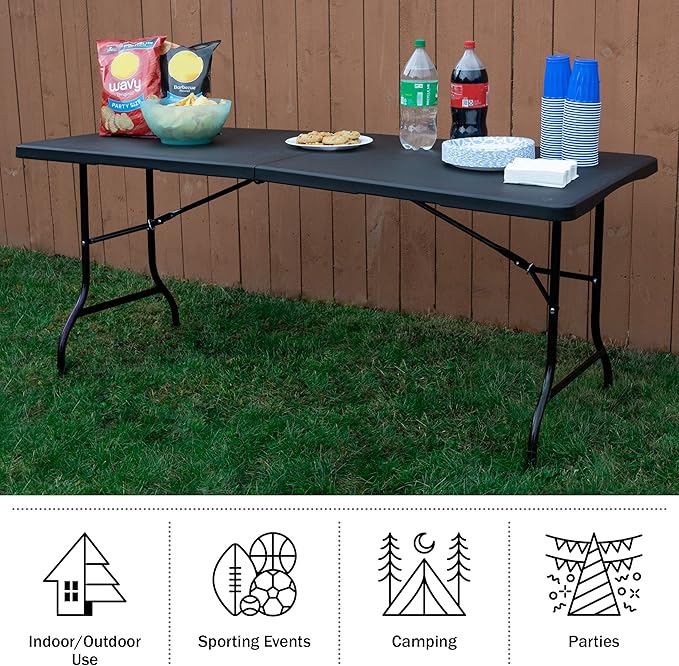 Everyday Home Folding Table - Lightweight Portable Folding Desk - 6-Foot-Long Plastic Table for Camping, Playing Cards, Parties, and Dining (Black)