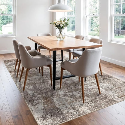 5x7 Washable Living Room Rug – Modern Neutral Abstract Area Rug