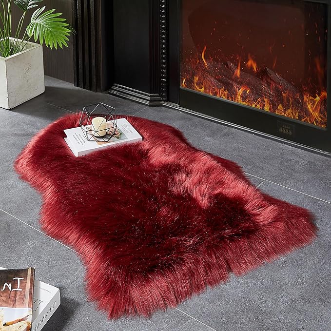 AMTOVO Faux Fur Rug, Burgundy Small Area Rug, Fluffy Sheepskin Rug, Fuzzy Ultra Soft 2 x 3 ft Shag Rugs for Bedroom Sofa Throw Cushion Room Decor, Sheepskin