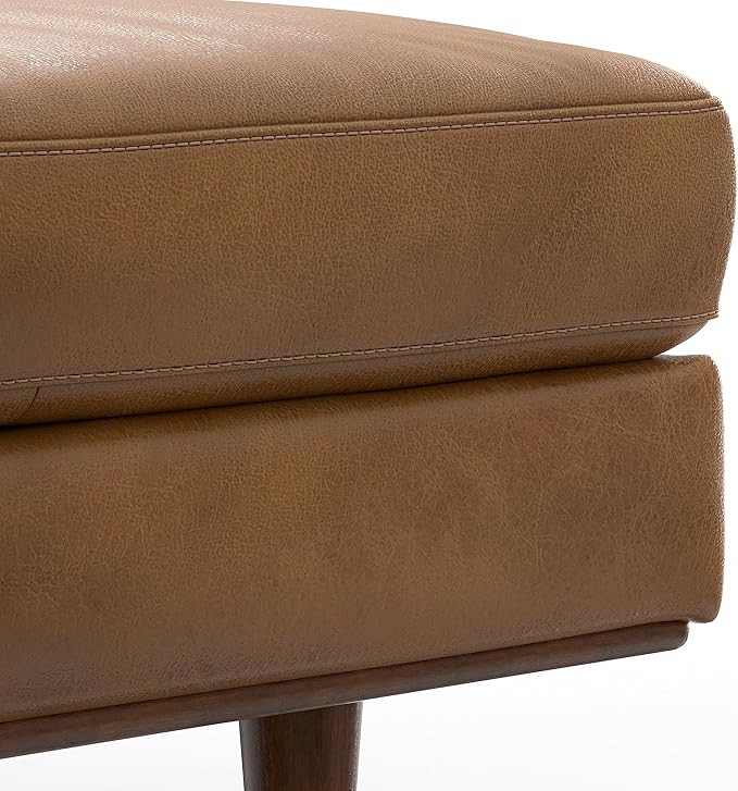 SIMPLIHOME Morrison Mid-Century Modern 89 inch Wide Sofa with Ottoman Set in Caramel Brown Genuine Leather for the Living Room and Family Room