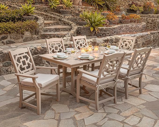 Martha Stewart by POLYWOOD Chinoiserie Outdoor Dining Arm Chair, Slate Grey, Durable HDPE All-Weather, Comfortable Patio Seating with Lattice Back, Backyard, Garden Furniture, Made in The USA
