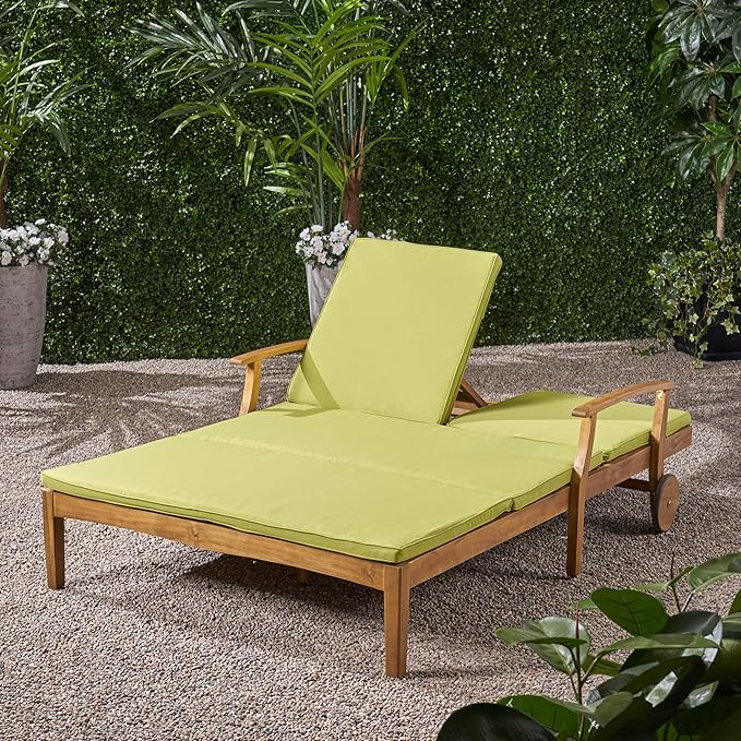 GDFStudio Samantha Double Chaise Lounge for Yard and Patio, Acacia Wood Frame, Teak Finish with Green Cushions, (307567)