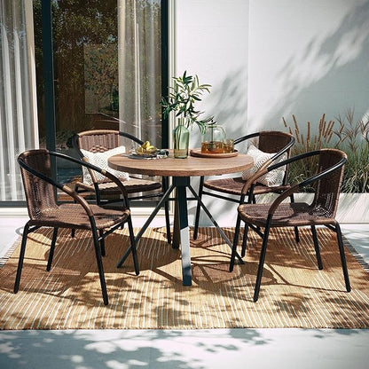 EMMA + OLIVER Set of 4 Modern Rattan Indoor/Outdoor Stack Chairs, Stacking Rattan Patio Chairs with Curved Back and Cross Bracing, Brown