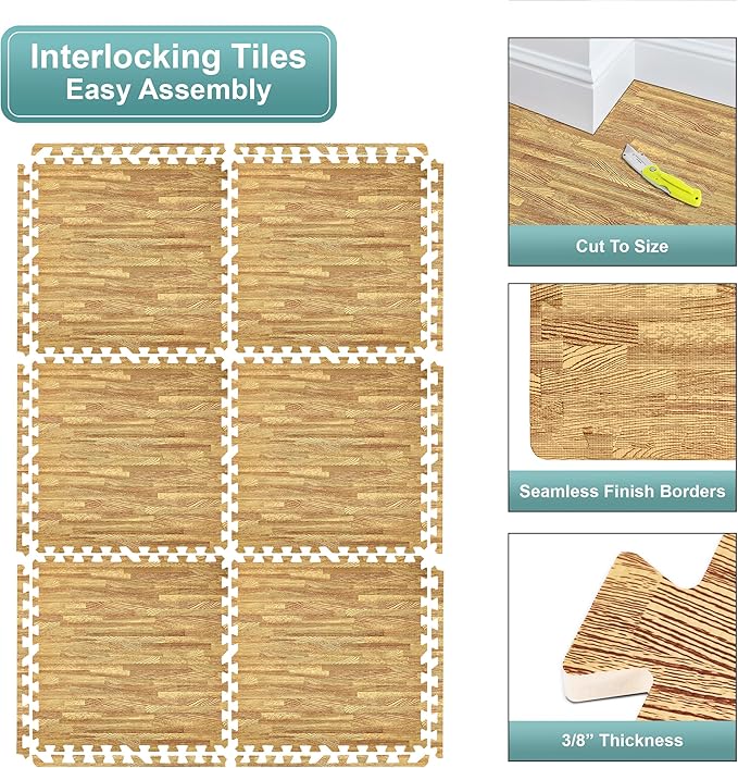 Sorbus 120 Sq. Ft. Wood Grain Floor Tiles Foam Mat EVA Interlocking Mats Tile 3/8-Inch Thick Flooring Wood Puzzle Exercise Mats w/Borders - Home Playroom Basement, Apartment, Trade Show, Baby, Dance